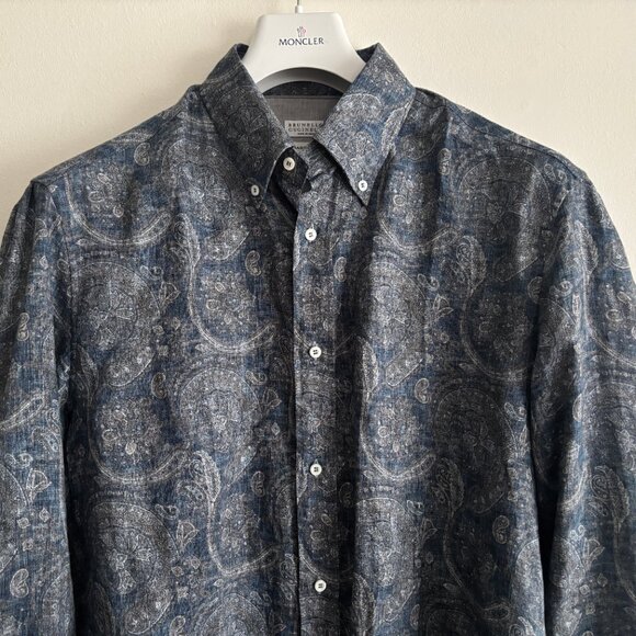 $1200 Brunello Cucinelli Blue Grey Linen Paisley Motif Button-up Shirt - XL - Picture 5 of 12
